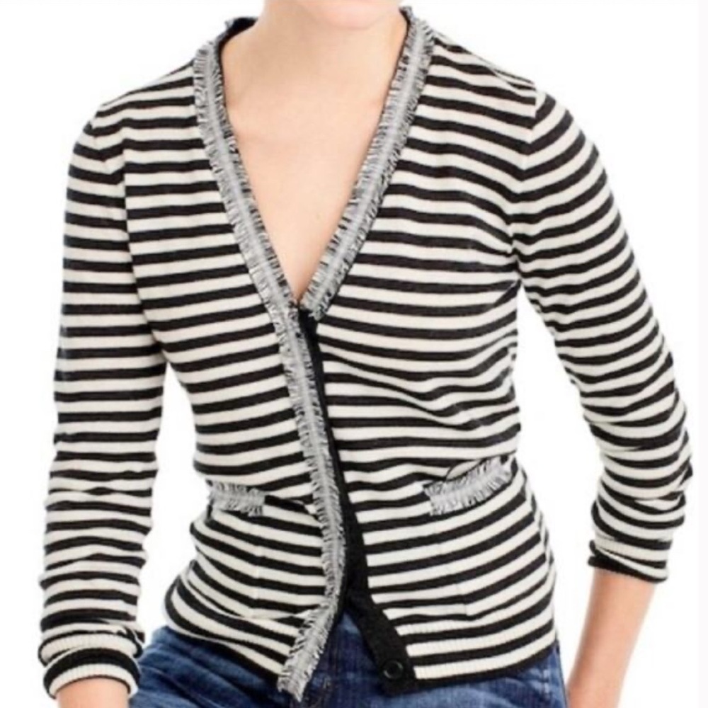 J. CREW Black White Striped Harlow Cardigan Cardi Sweater Button Tweed Trim M